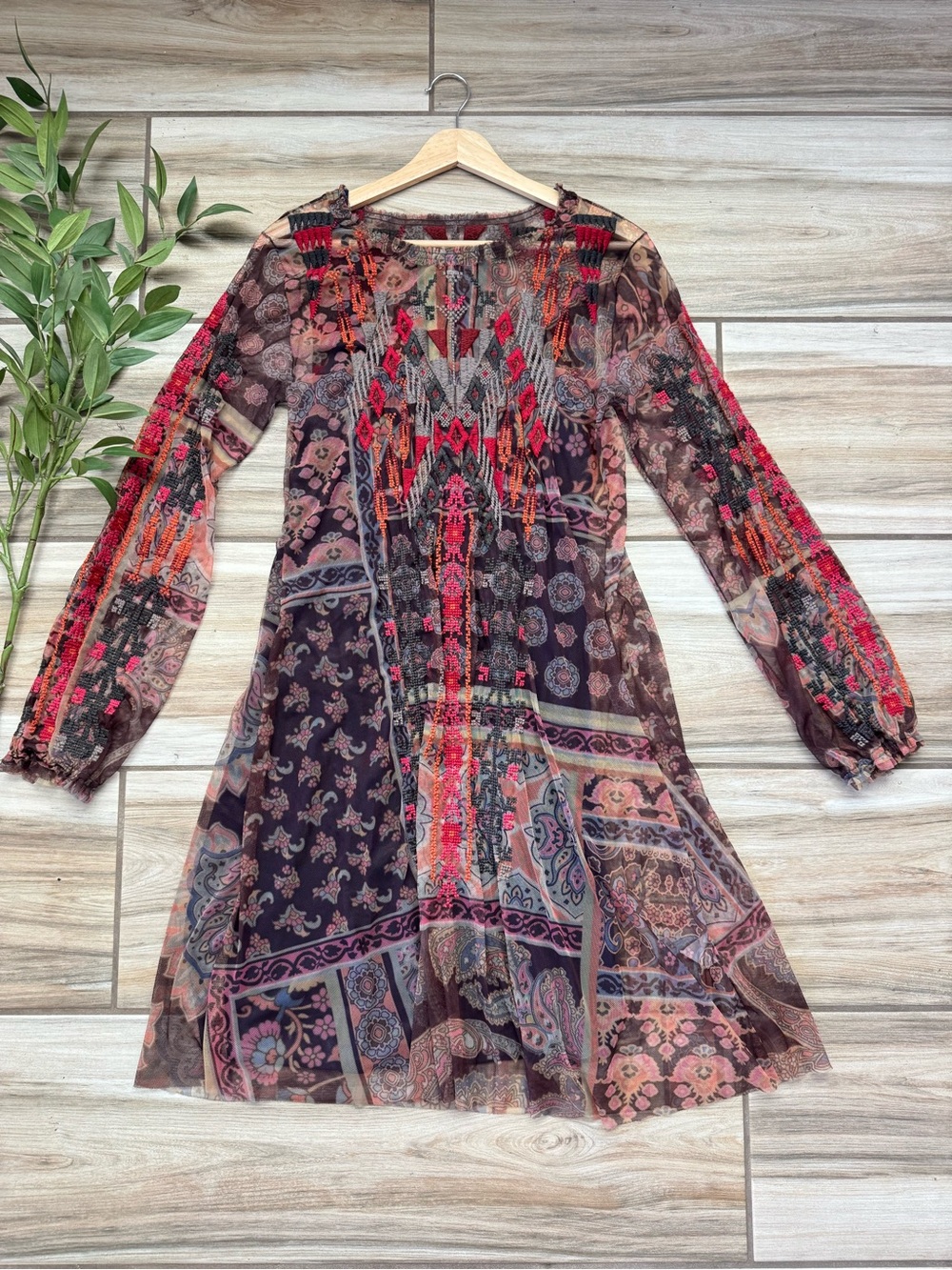 BIYA Johnny Was Embroidered Mesh Midi Dress L Boho Slip Small Art to Wear